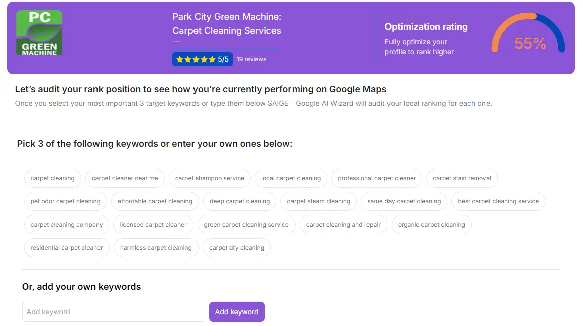 SAIGE keyword-audit screen with the optimization-rating dial and a grid of suggested local-SEO keywords.