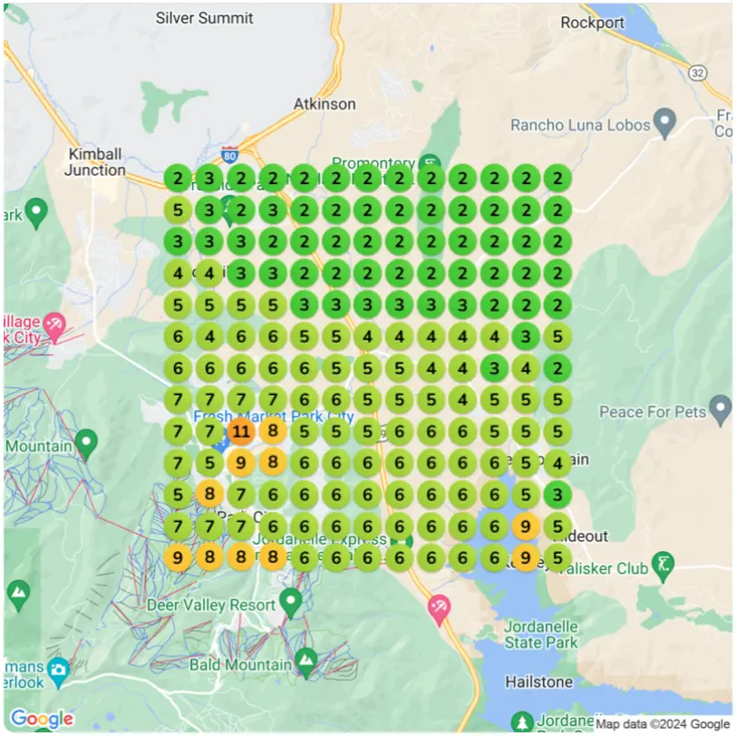 After SAIGE: Google Maps heatmap with mostly green pins ranking #2–#9 across the entire service area.