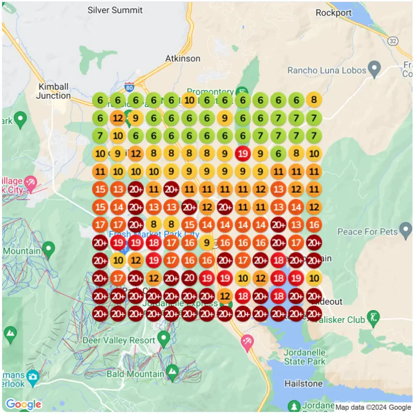 Before SAIGE: Google Maps heatmap with mostly red and orange pins ranking #11–#20+ across the service area.